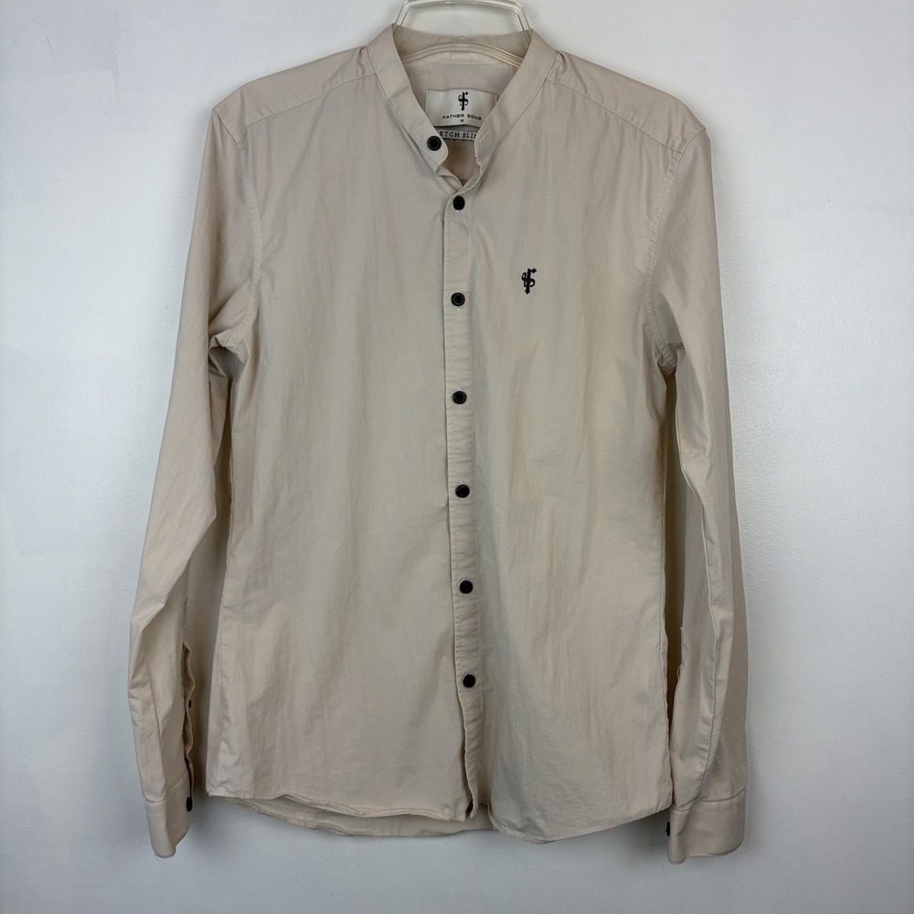 Father Sons Button Up Shirt Mens Medium Beige Stretch Slim Fit Mission Collar